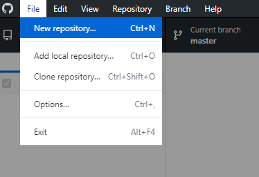 Selecting a new repository from the file dropdown menu.
